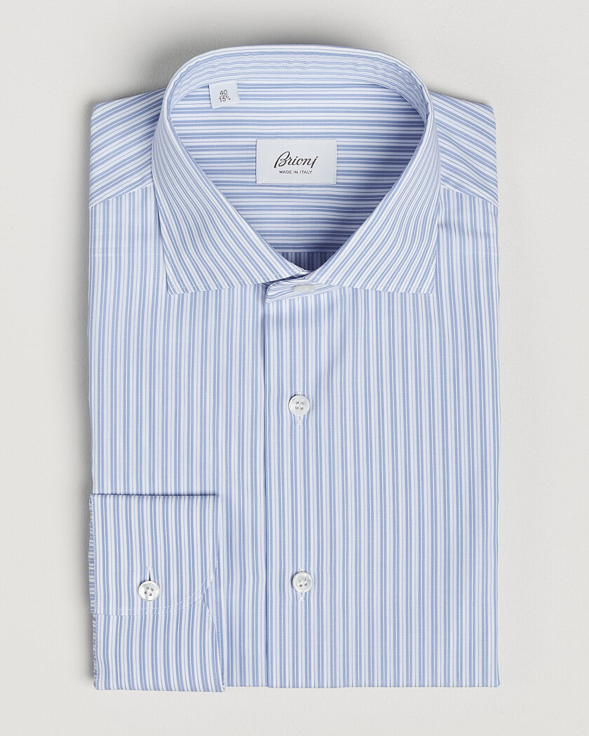 Brioni Poplin Cotton Dress Shirt Light Blue Stripe – Azul