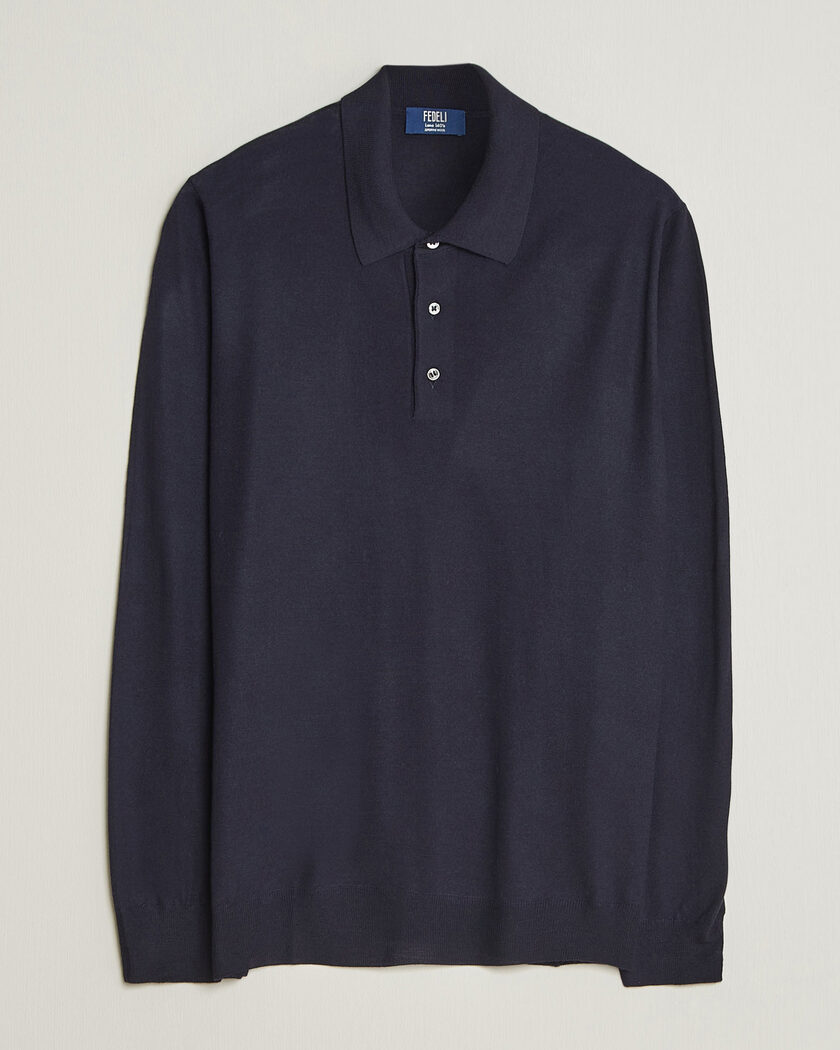 Fedeli 140s Fine Wool Long Sleeve Polo Navy – Azul
