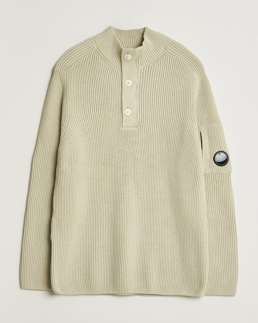 C.P. Company Full Rib Knitted Cotton Half Button Light Grey – Gris