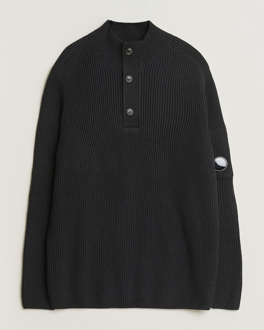 C.P. Company Full Rib Knitted Cotton Half Button Black – Negro