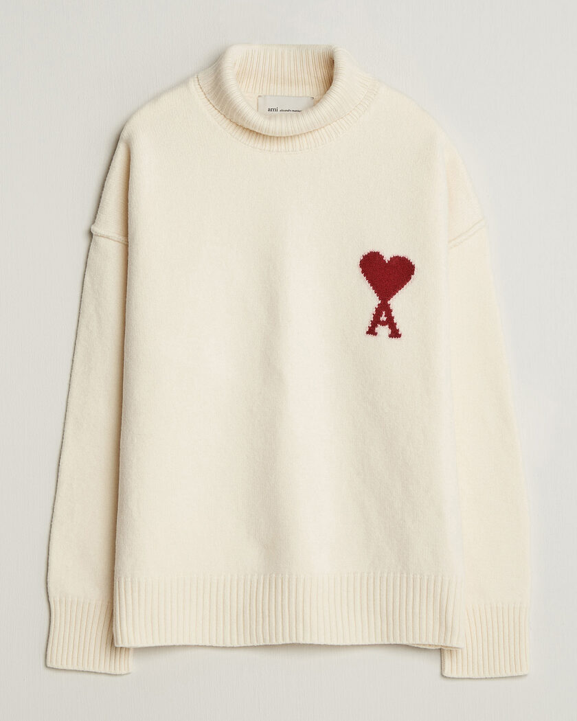 AMI Big Heart Logo Wool Knitted Polo Ecru – Blanco