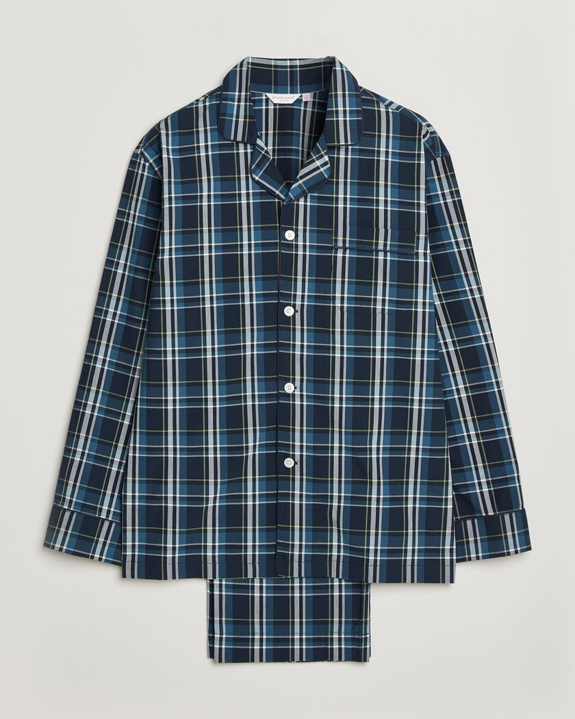 Derek Rose Piped Checked Cotton Pyjama Set Navy – Azul