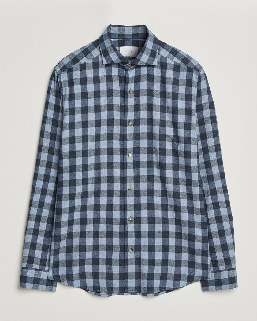 Eton Casual Fit Checked Flannel Shirt Mid Blue – Azul