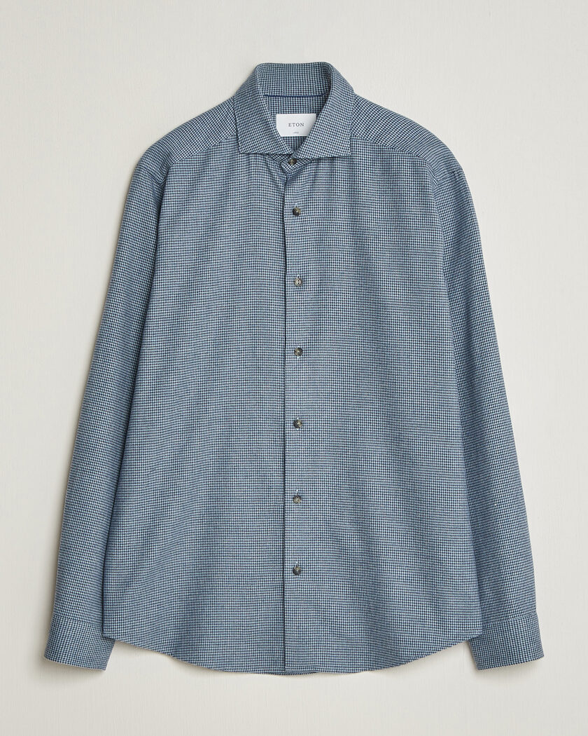 Eton Casual Fit Houndstooth Flannel Shirt Mid Blue – Azul