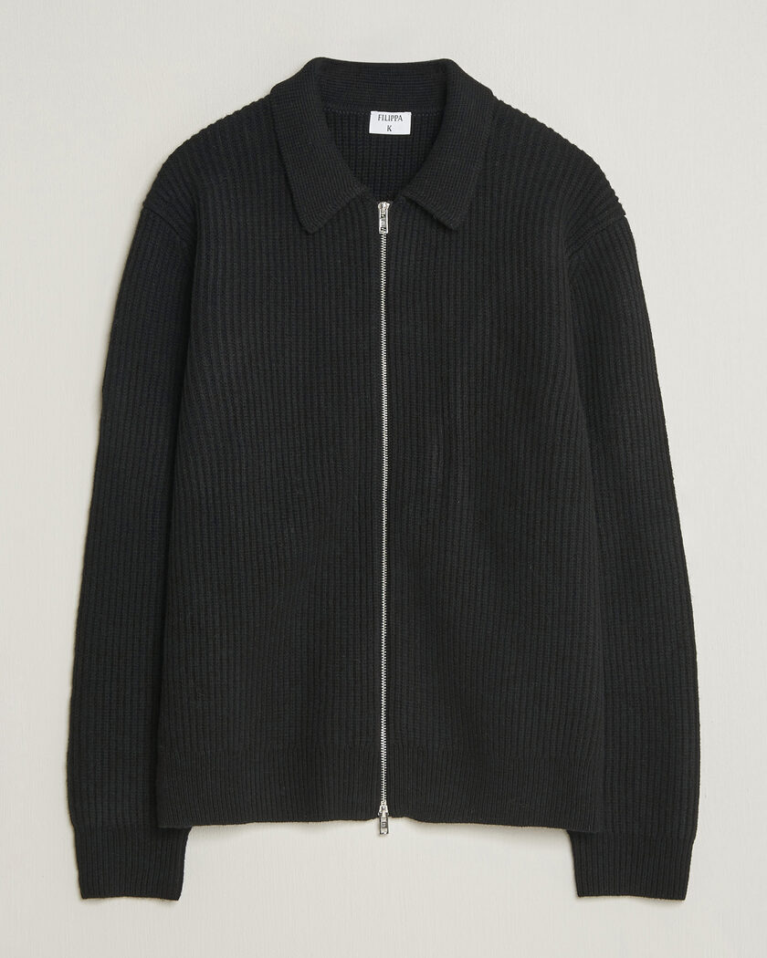 Filippa K Ribbed Wool Knitted Full Zip Black – Negro