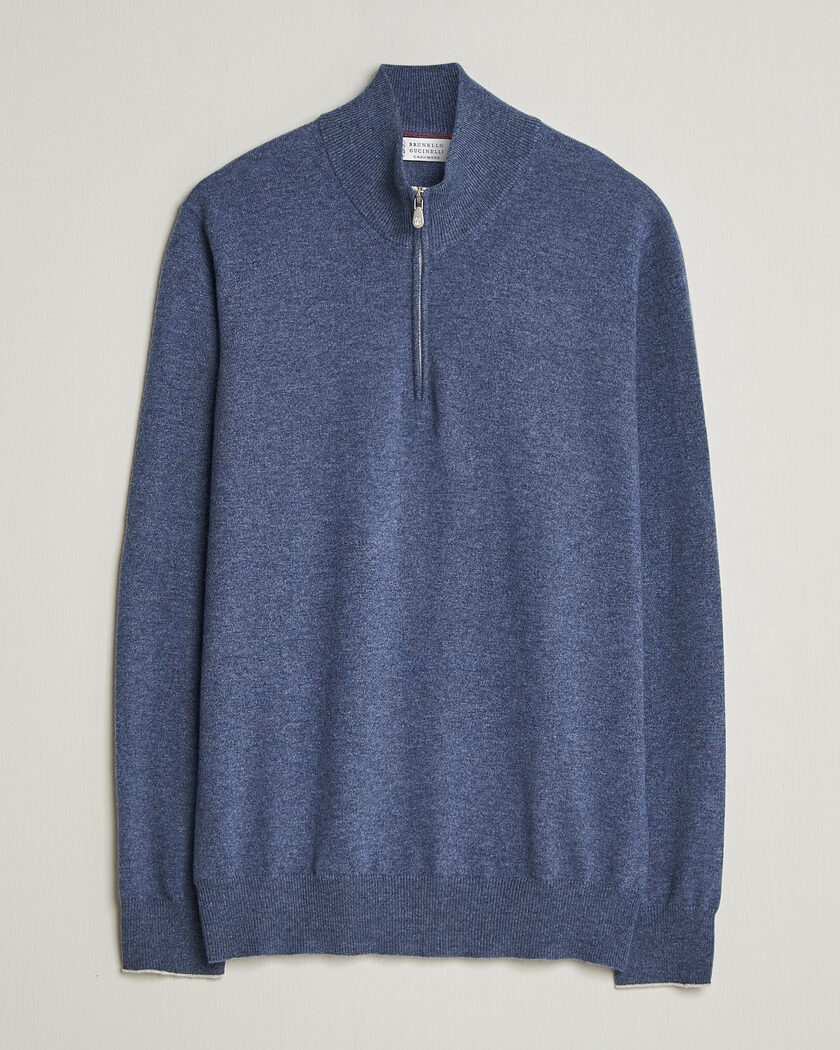 Brunello Cucinelli 2 Ply Cashmere Half Zip Denim Blue – Azul