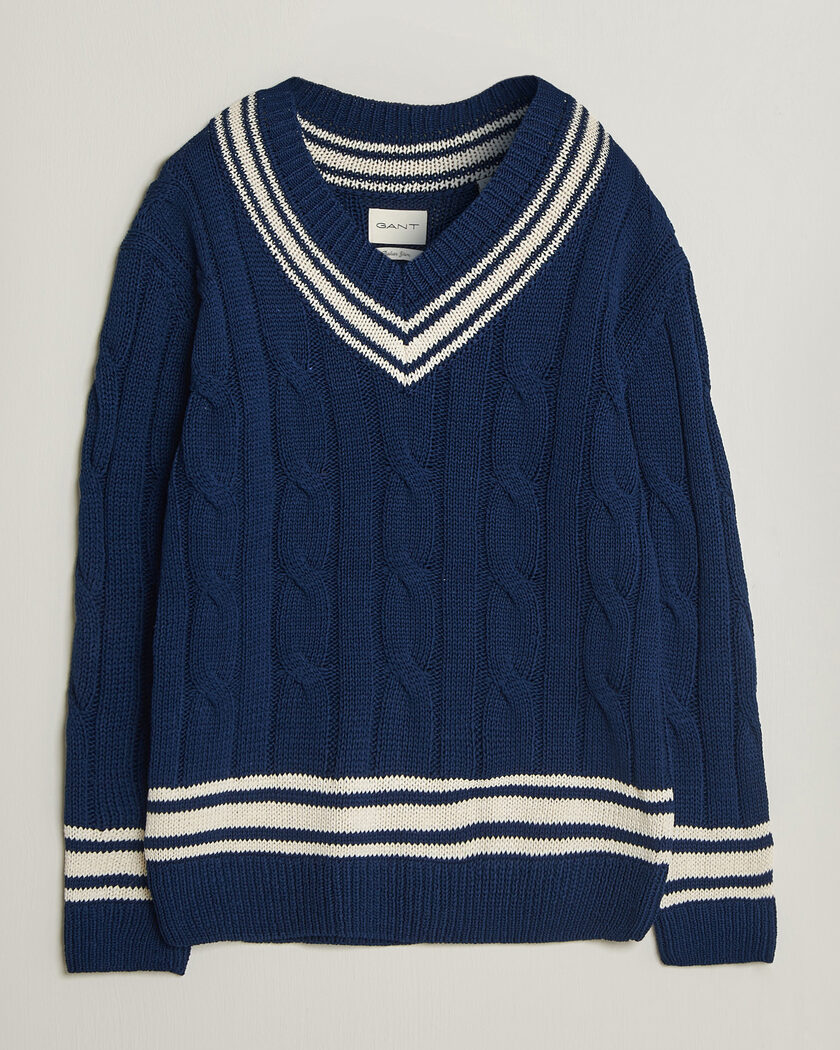 Gant Mercerized Cotton Knitted Cable V-Neck Persian Blue – Azul