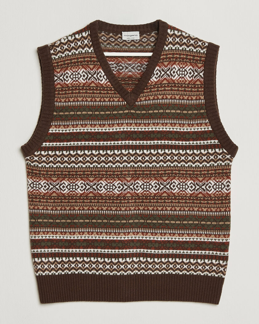 Morgano Wool/Cashmere Fair Isle Knitted Vest Brown – Marrón