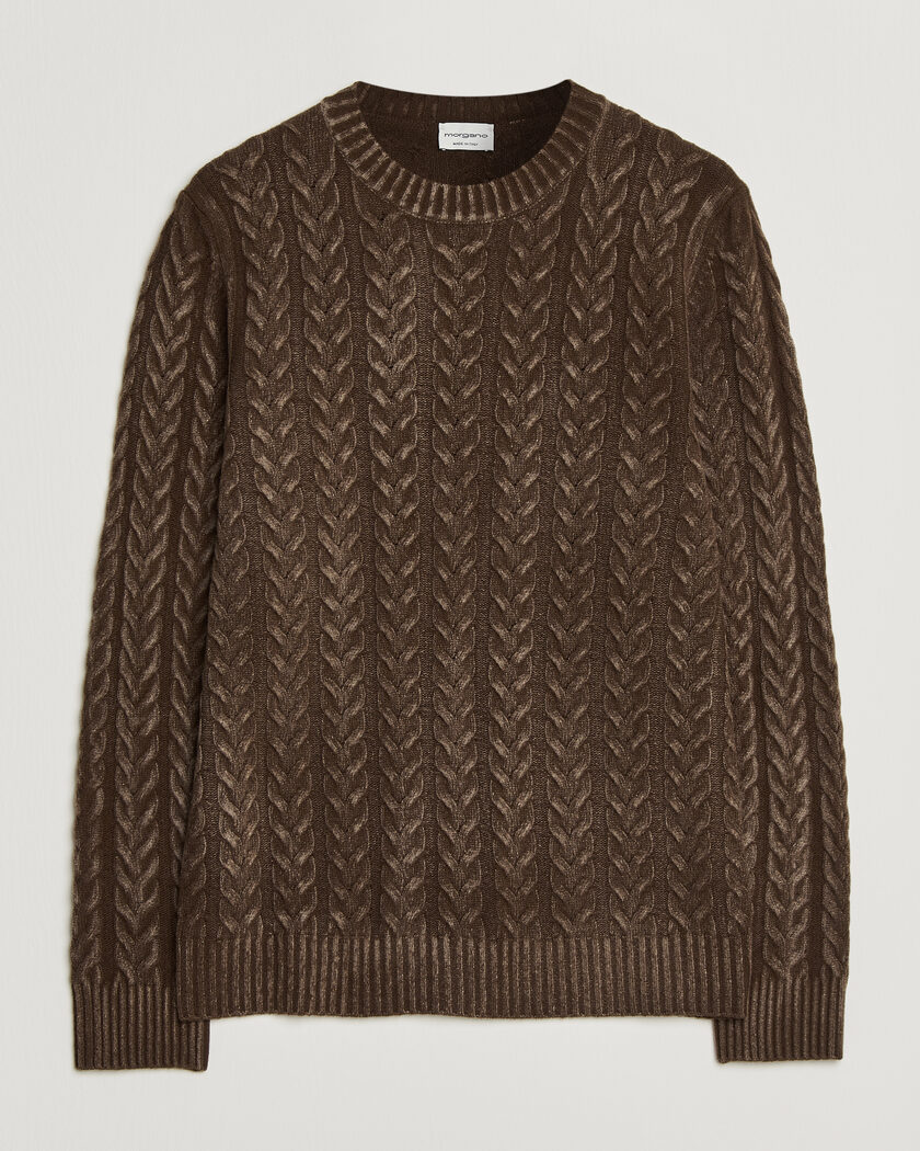 Morgano Cable Knitted Brushed Dyed Wool Crew Brown – Marrón