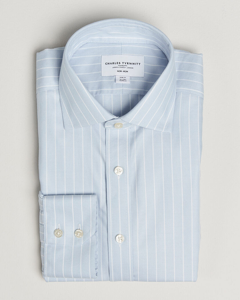 Charles Tyrwhitt Slim Fit Non Iron Herringbone Stripe Shirt Light Blue – Azul