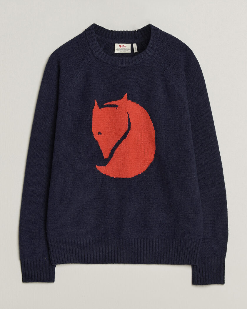 Fjällräven Logo Knit Wool Sweater Dark Navy – Azul