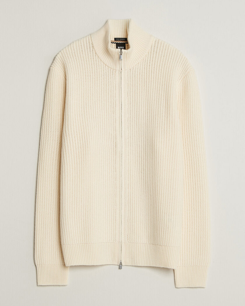 BOSS BLACK Fiocco Wool/Cashmere Full Zip Open White – Blanco