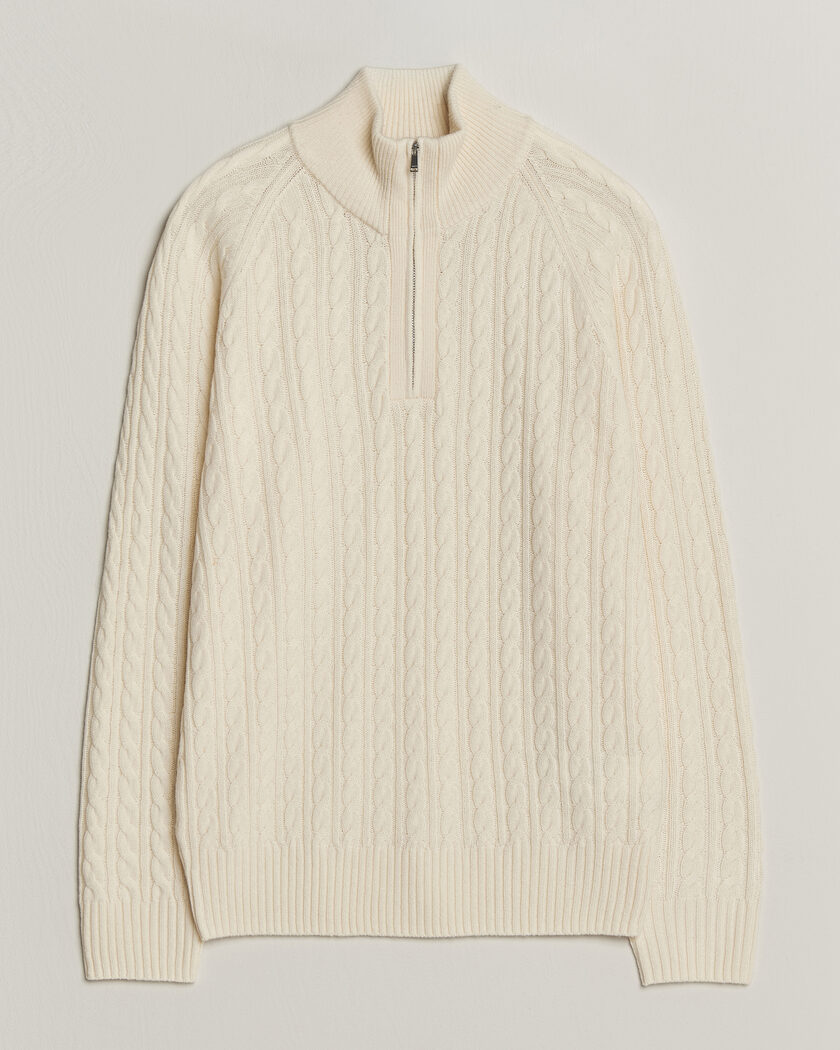 BOSS BLACK Furore Wool/Cashmere Cable Half Zip Open White – Blanco