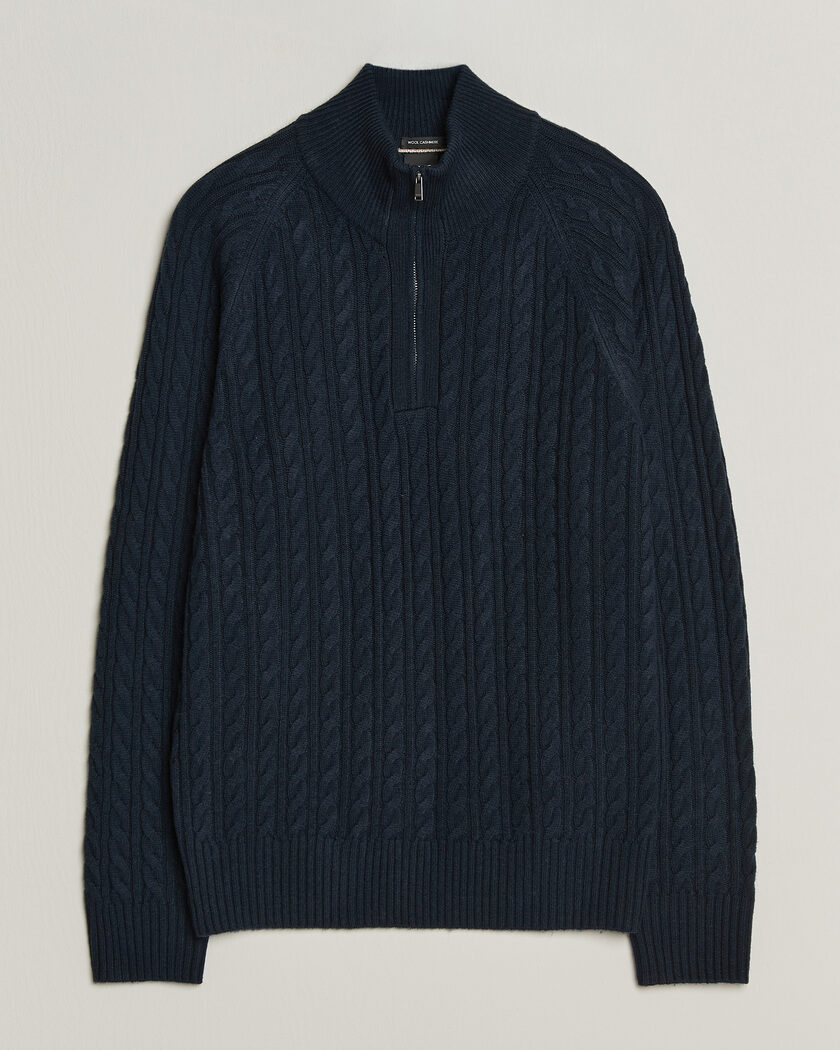 BOSS BLACK Furore Wool/Cashmere Cable Half Zip Dark Blue – Azul