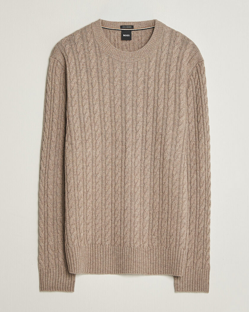 BOSS BLACK Furlan Wool/Cashmere Cable Crew Neck Open Brown – Marrón