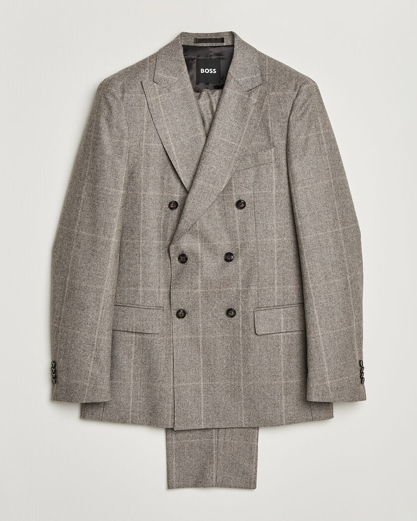 BOSS BLACK Huge Wool Checked Double Breasted Suit Open Brown – Marrón