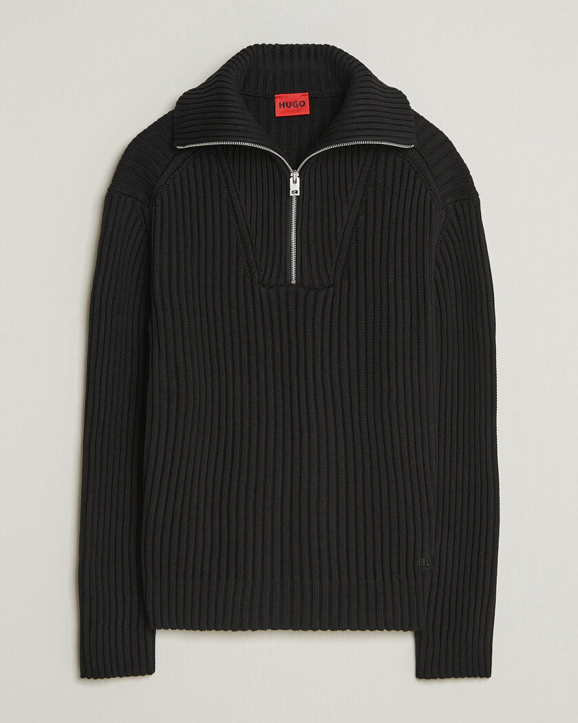 HUGO Srtithon Cotton Knitted Half Zip Black – Negro