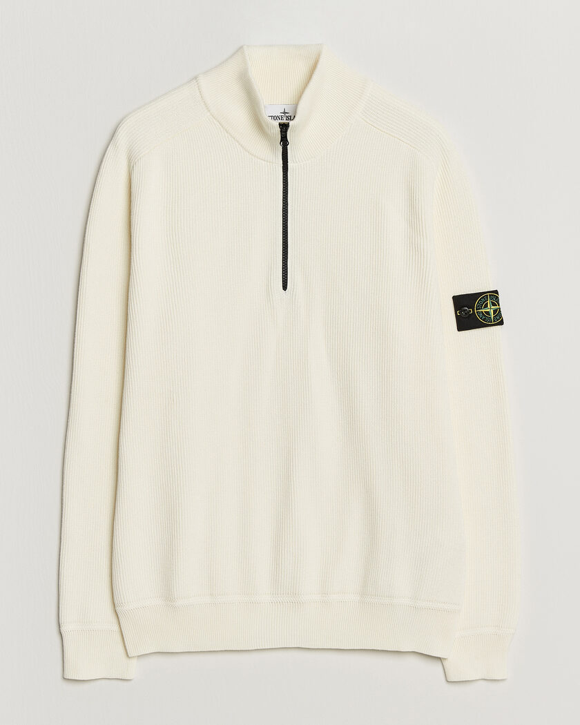 Stone Island Ribbed Soft Organic Cotton Half-Zip Ivory – Blanco