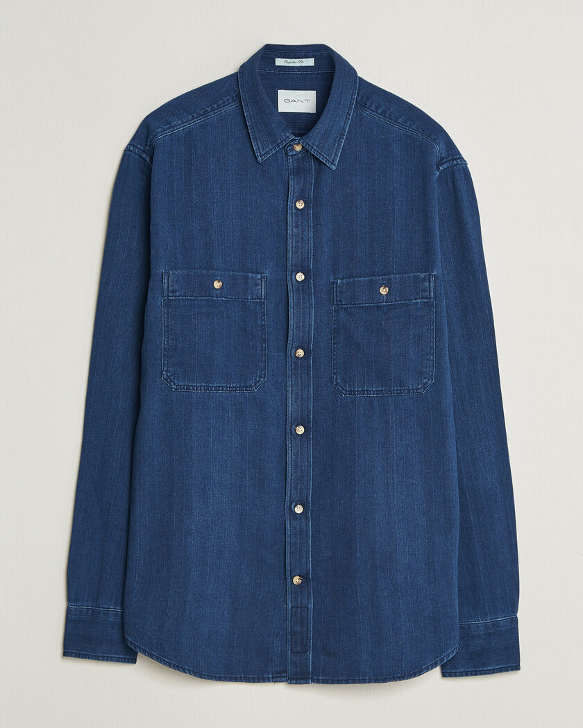Gant Regular Fit Indigo Herringbone Overshirt Mid Blue – Azul
