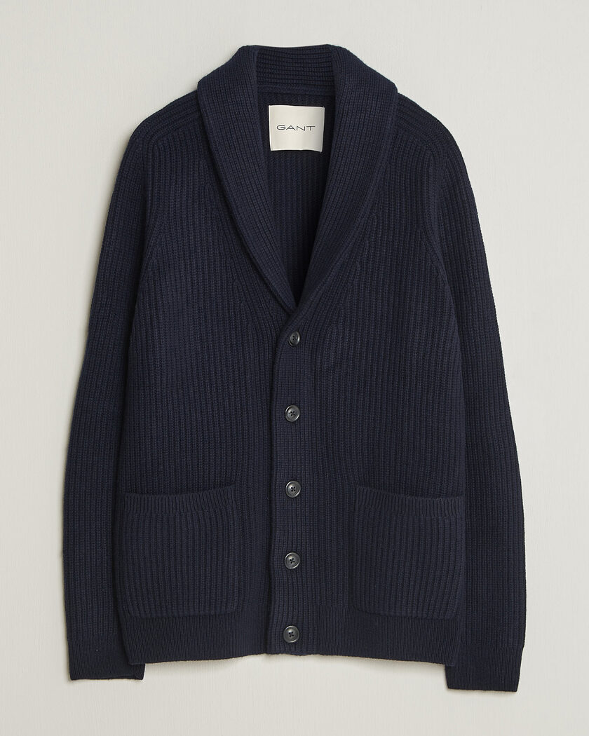 Gant Wool/Cotton Ribbed Shawl Collar Cardigan Evening Blue – Azul