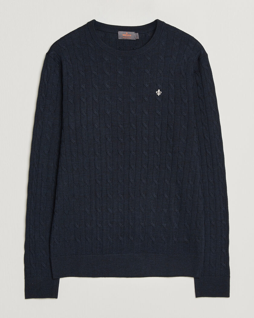 Morris Merino Cable O-Neck Navy – Azul