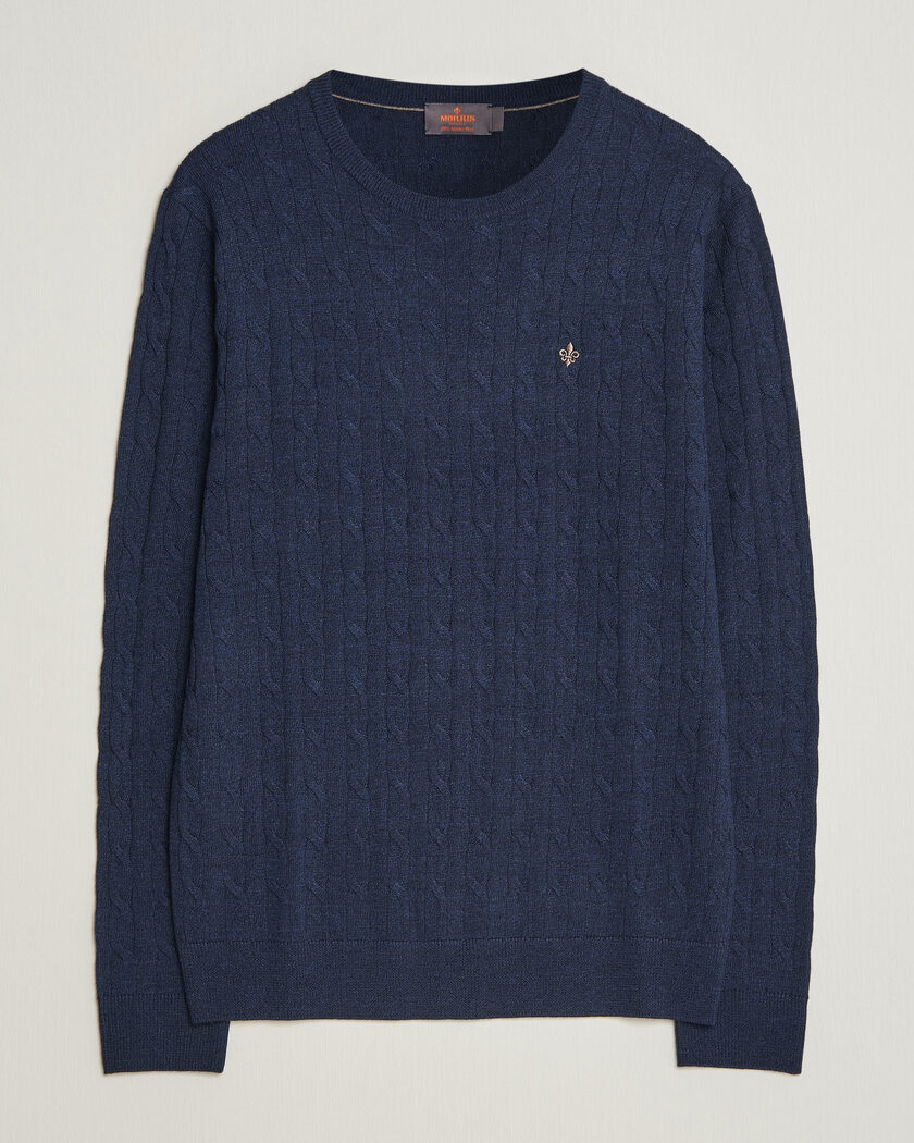 Morris Merino Cable O-Neck Navy – Azul