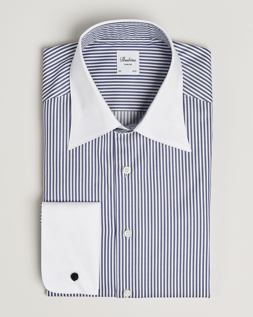 Stenströms Slimline White Collar Stripe Whinchester Shirt Blue – Azul
