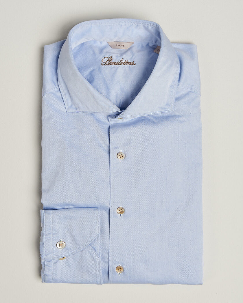 Stenströms Slimline Washed Cotton Twill Cut Away Shirt Blue – Azul