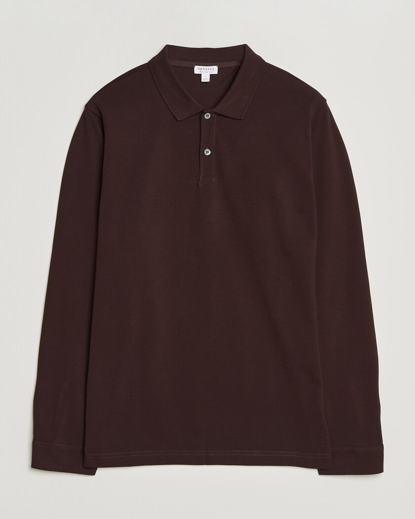Sunspel Supima Cotton Long Sleeve Pique Polo Dark Brown – Marrón