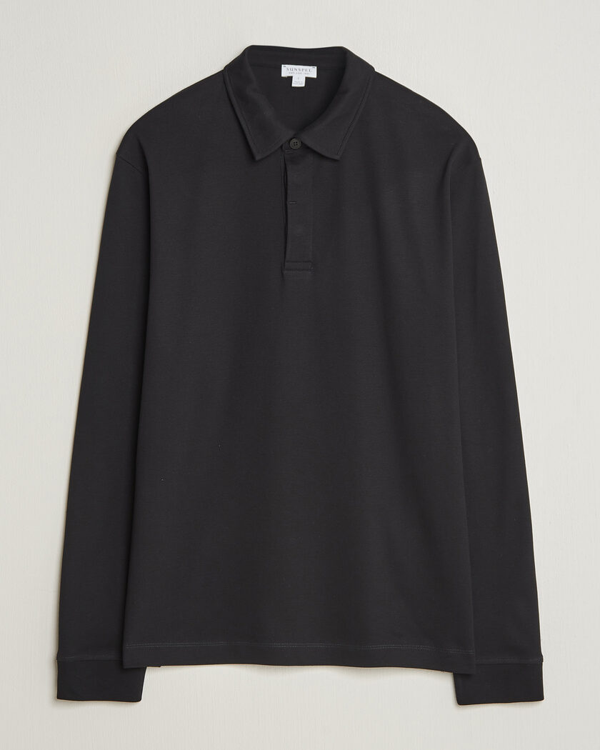 Sunspel Heavy Weight Supima Cotton Long Sleeve Polo Black – Negro