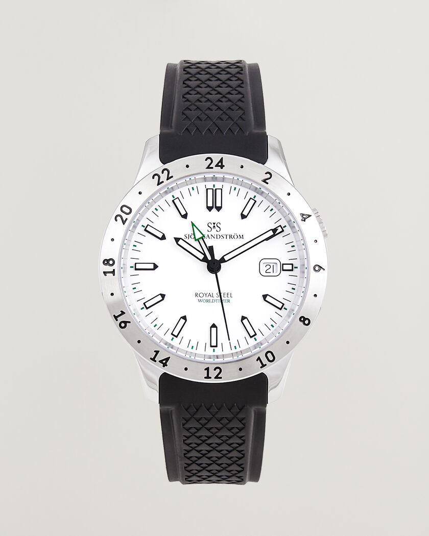 Sjöö Sandström Royal Steel Worldtimer 41mm Black Rubber White Dial – Blanco
