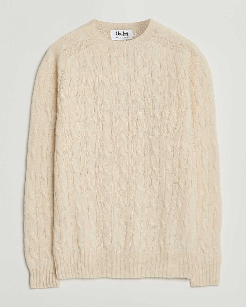 Harley Of Scotland Brushed Supersoft Lambswool Cable Vanilla – Blanco