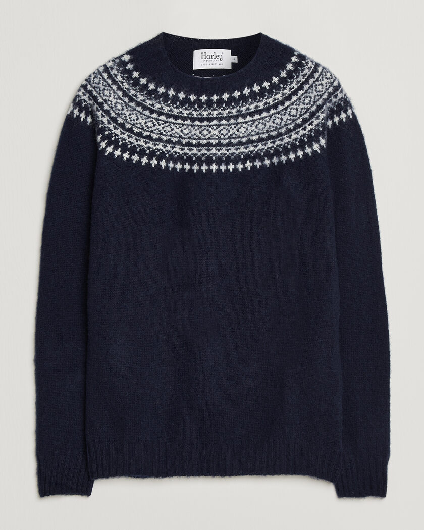 Harley Of Scotland Brushed Supersoft Lambswool Yolk Fairisle Navy/Snow White – Azul
