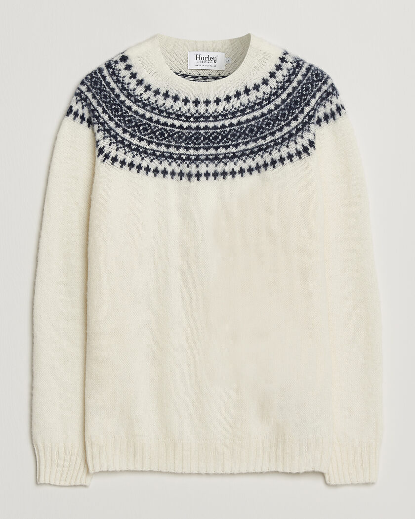 Harley Of Scotland Brushed Supersoft Lambswool Yolk Fairisle Snow White/Navy – Blanco