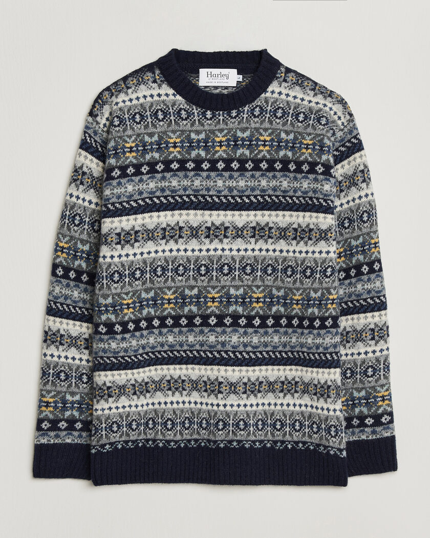 Harley Of Scotland Supersoft 2ply Lambswool Fairisle Crew Navy – Azul