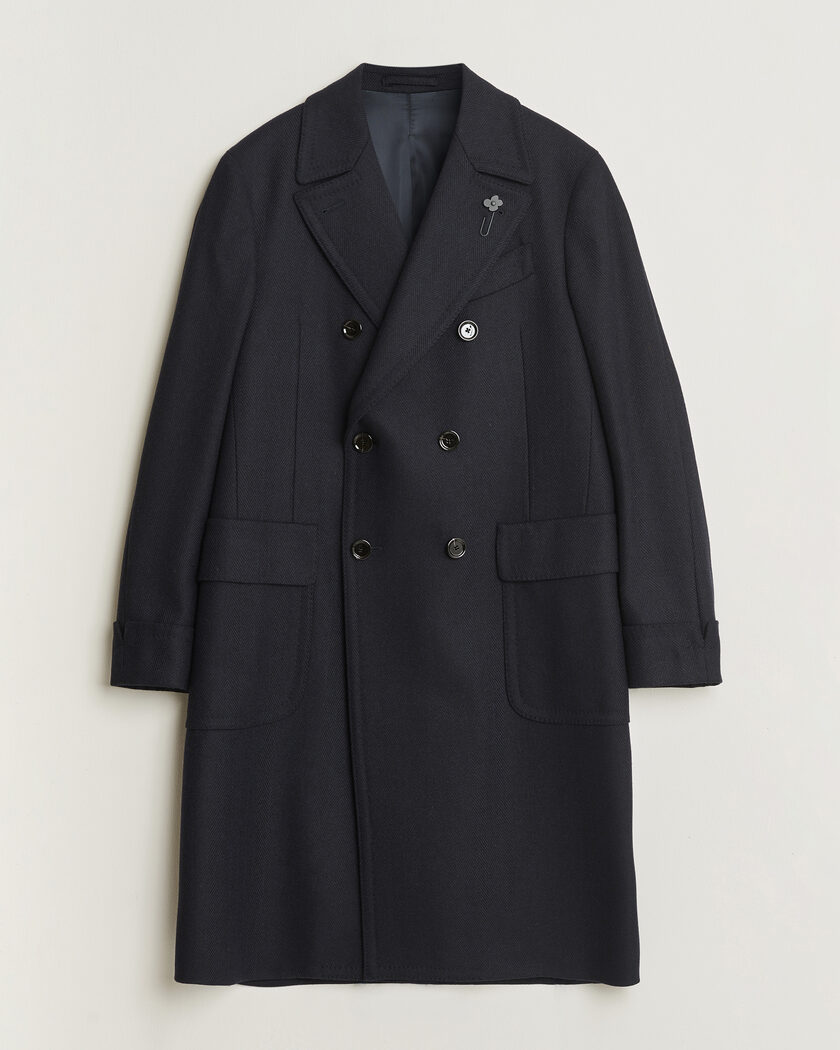 Lardini Ulster Wool/Cashmere Tonal Herringbone Coat Navy – Azul