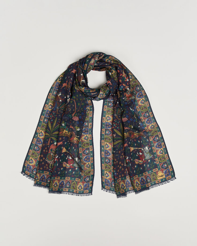 Drake's Mughal Garden Wool/Silk Scarf Navy – Azul