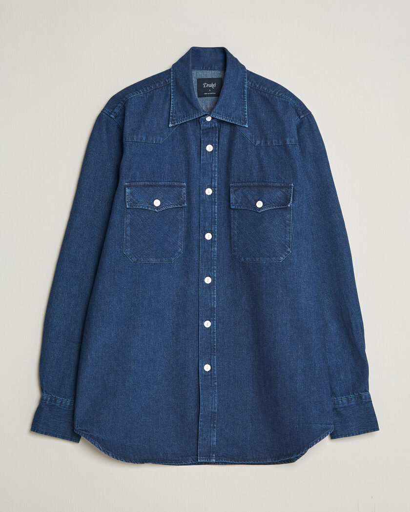Drake's Western Selvedge Denim Shirt Stone Wash Indigo – Azul
