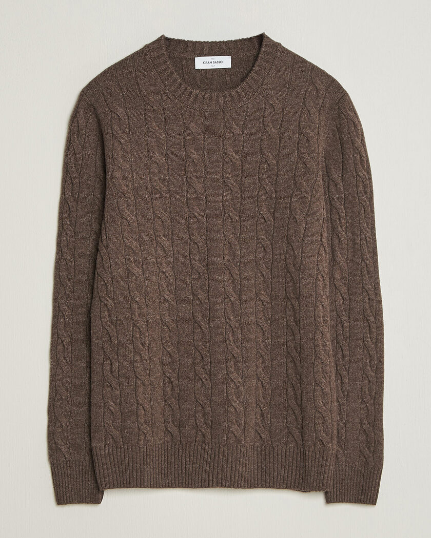 Gran Sasso Wool/Cashmere Cable Crew Neck Dark Brown Melange – Marrón