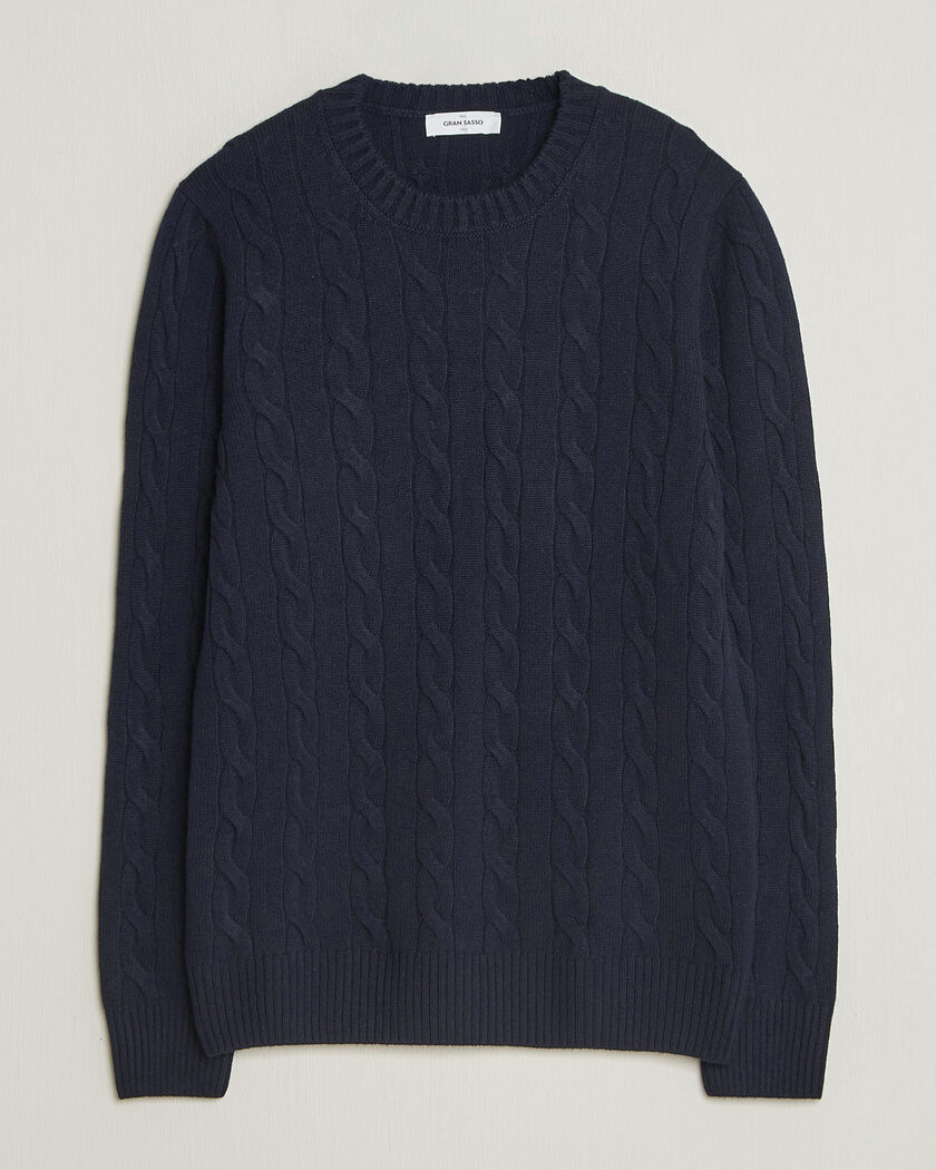 Gran Sasso Wool/Cashmere Cable Crew Neck Navy – Azul
