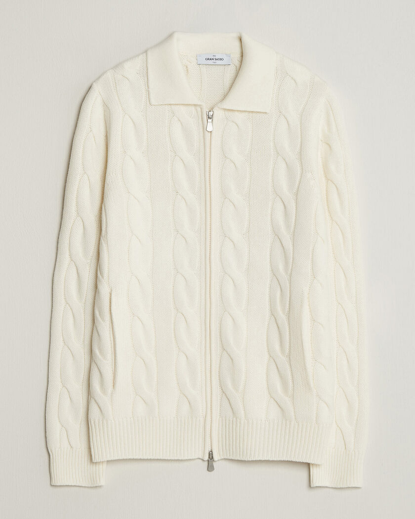 Gran Sasso Wool/Cashmere Cable Full Zip Cream – Blanco