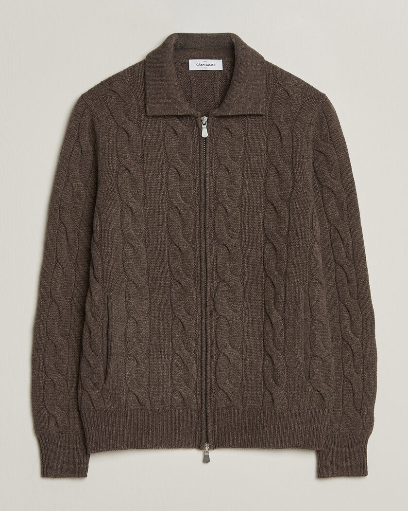 Gran Sasso Wool/Cashmere Cable Full Zip Dark Brown Melange – Marrón