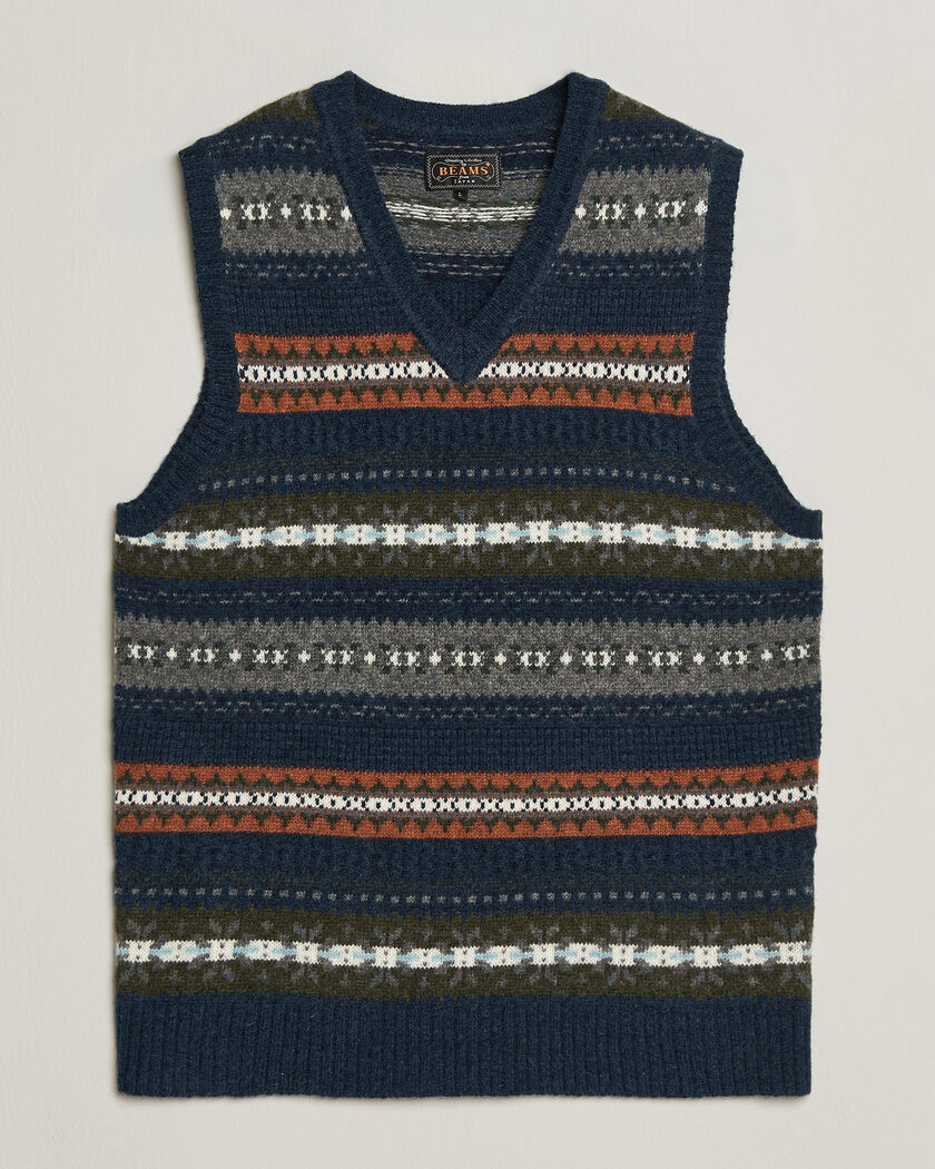 BEAMS PLUS Fair Isle Knit Vest Navy – Azul