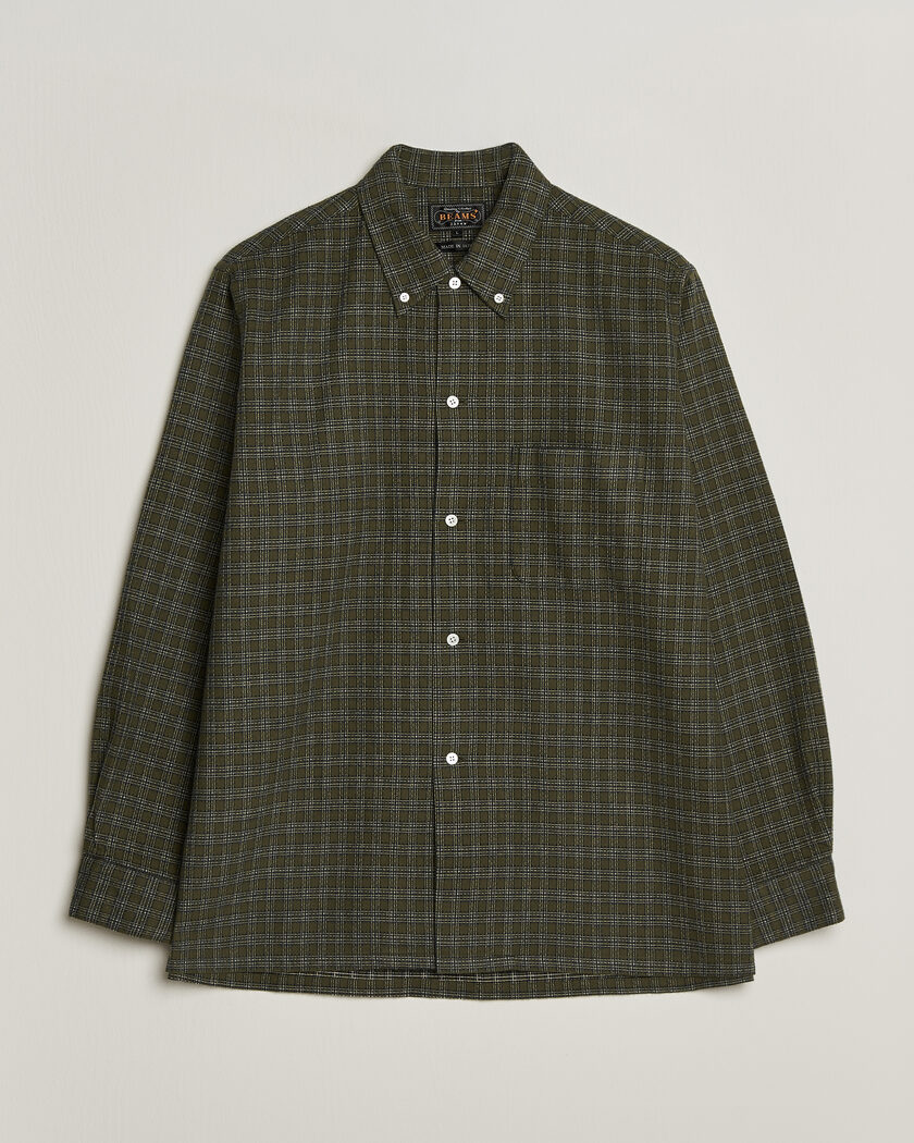 BEAMS PLUS Dobby Plaid Button Down Shirt Dark Green – Verde