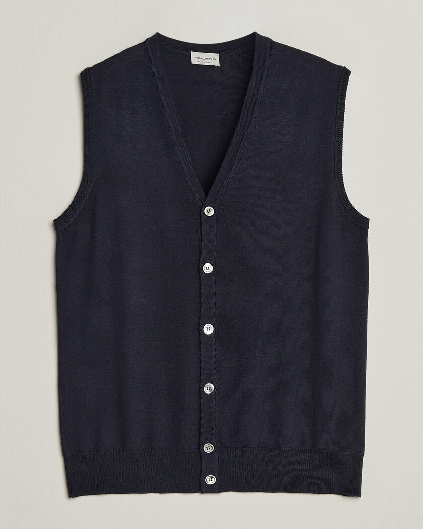 Morgano Extra Fine Merino Wool Sleevles Cardigan Vest Navy – Azul