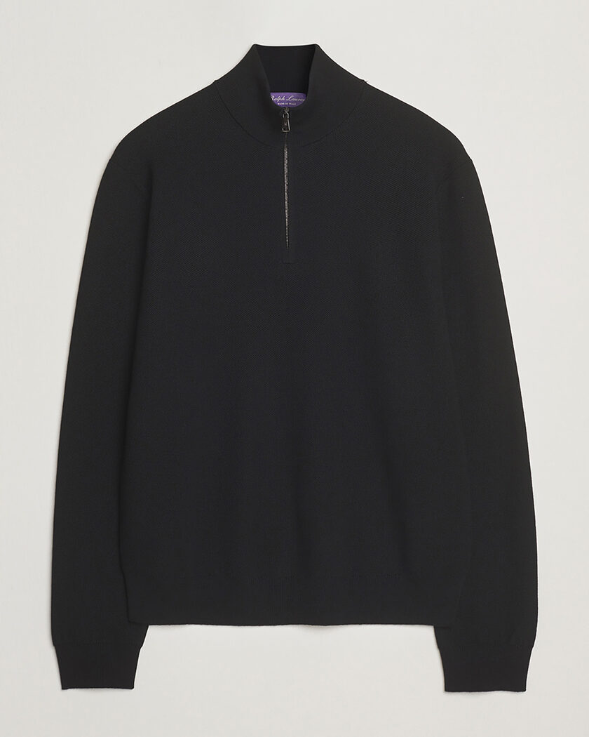 Pre-owned Ralph Lauren Purple Label Wool Pique Half Zip Polo Black L – Negro
