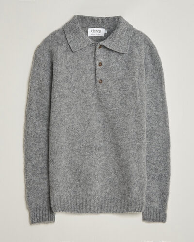 Harley Of Scotland Brushed Supersoft Lambswool Polo Mid Grey
