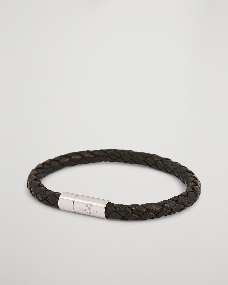 Hombres | Joyas | Skultuna | One Row Leather Bracelet Dark Brown Steel