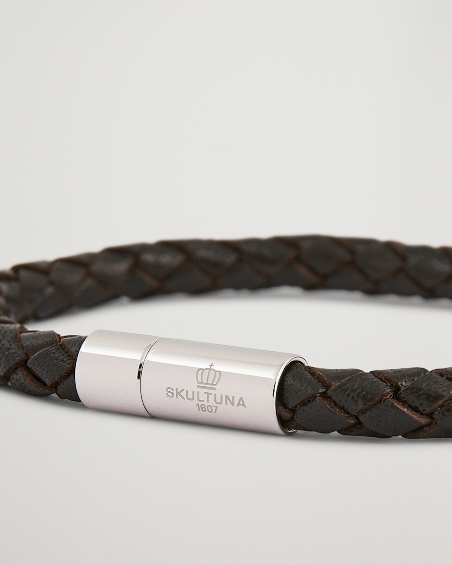 Hombres | Joyas | Skultuna | One Row Leather Bracelet Dark Brown Steel