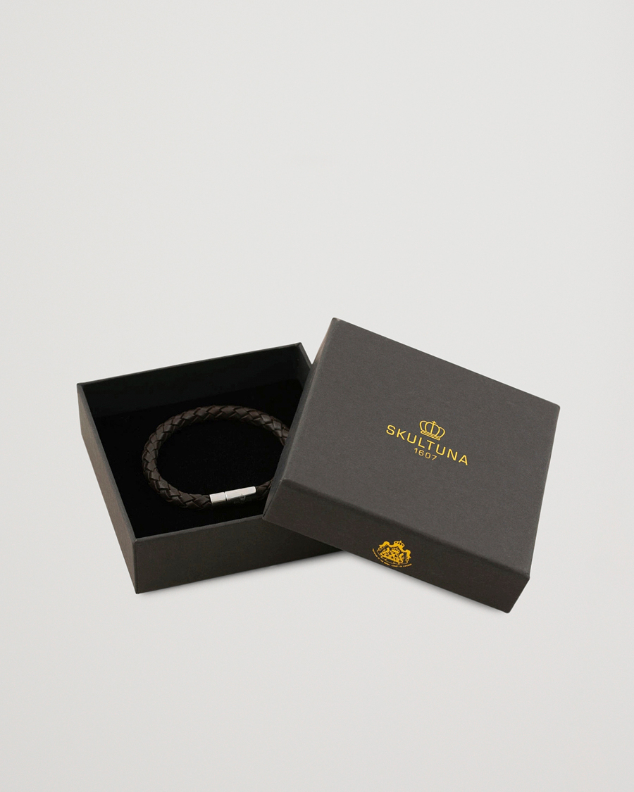 Hombres | Joyas | Skultuna | One Row Leather Bracelet Dark Brown Steel